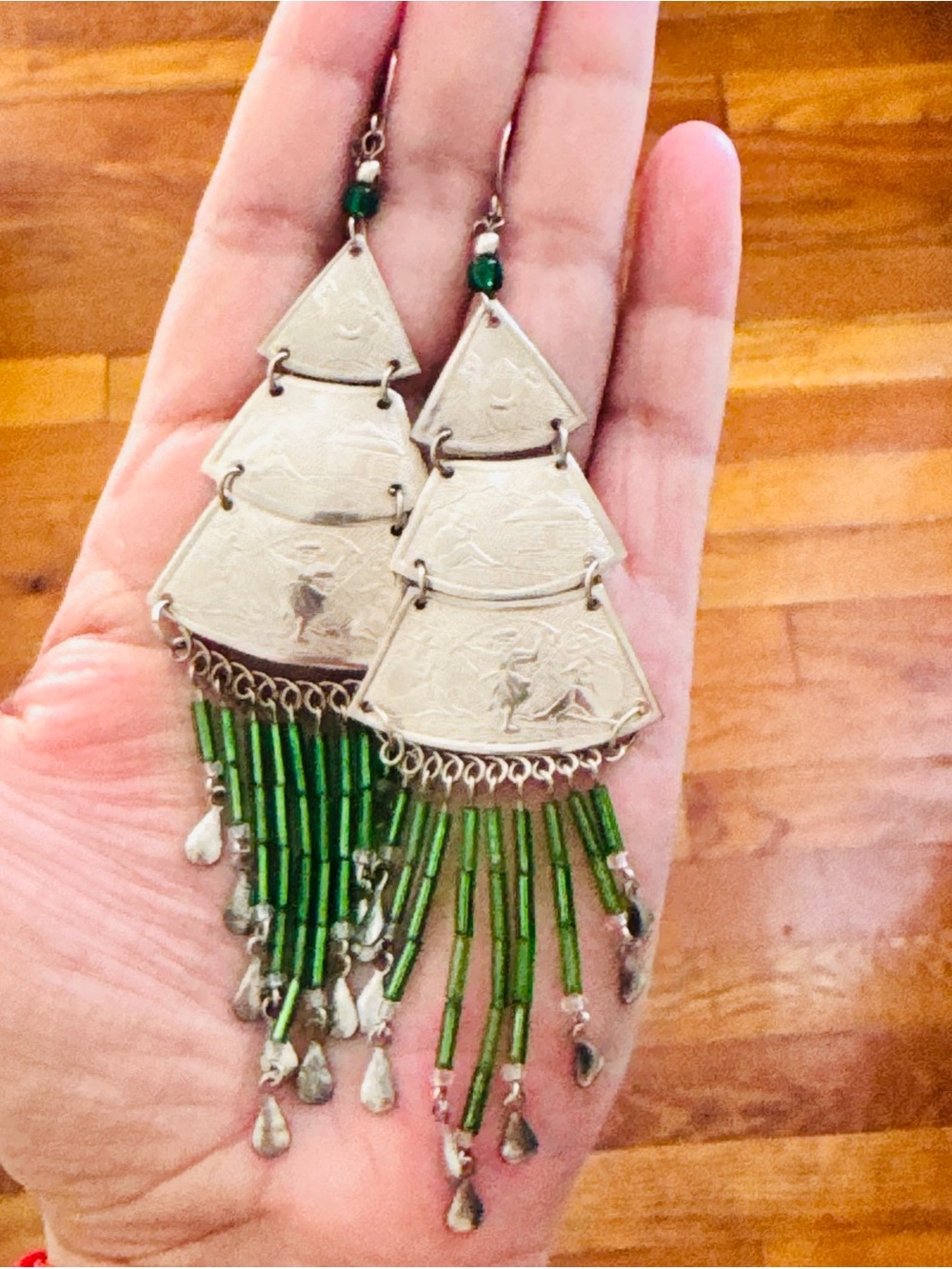 Silver-Tone Peruvian chandelier Earrings with Green Bead Accents. New
